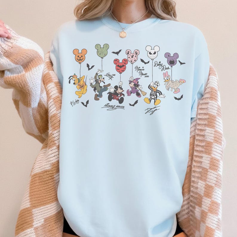 Retro Disney Toy Story Signature Shirt, Mickey Balloon Halloween Tee, Woody Buzz Jessie Rex Bullseye Shirt, Disney Halloween Vacation Tees Chambray/Light Green