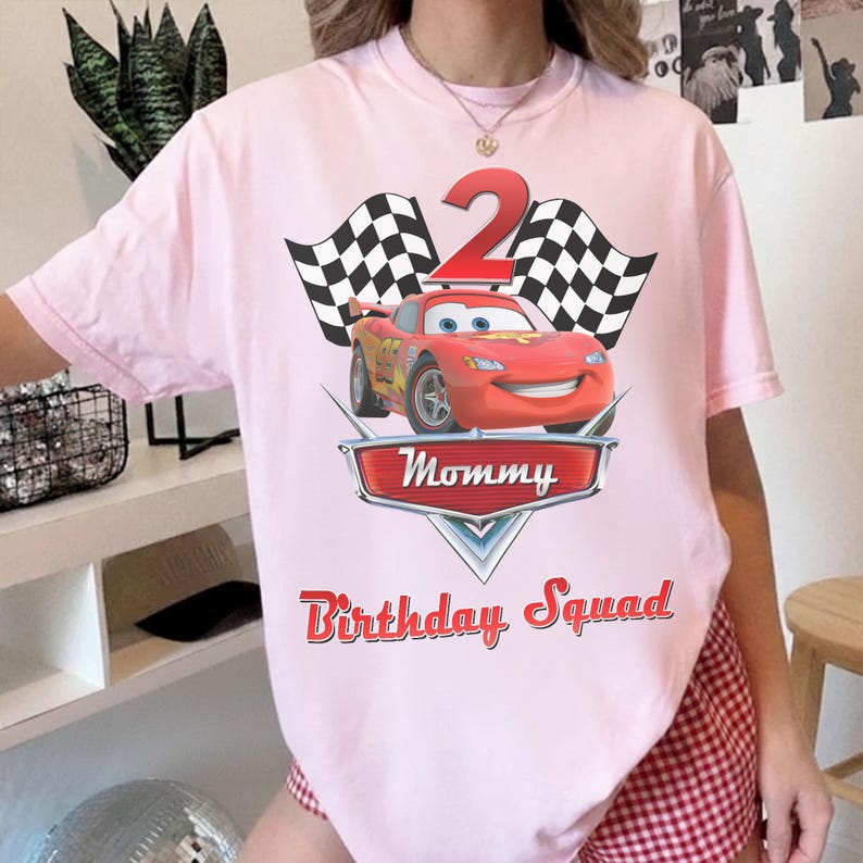 Custom Lightning McQueen Birthday Shirt, Pixar Cars Birthday Tee, Personalized Age & Name Shirt, Kids Race Car Birthday Outfit Blossom/Light Pink