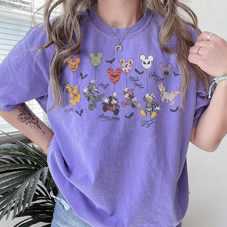 Retro Disney Toy Story Signature Shirt, Mickey Balloon Halloween Tee, Woody Buzz Jessie Rex Bullseye Shirt, Disney Halloween Vacation Tees Violet