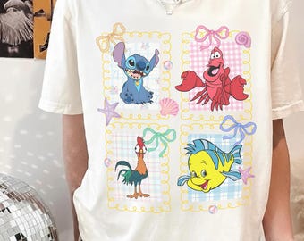 Vintage Disney Stitch Sebastian Flounder Hei Hei Graphic Tee, Cute Coastal Summer Beach Shirt, Oversized Magical Cartoon T-Shirt