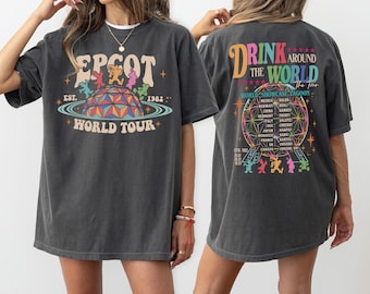 Retro Epcot World Tour 2 Sided Comfort Colors Shirt, Epcot Drink Around the World Tee, Drink Around The World Tee, Epcot Disney World Shirts