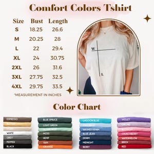 Pu&ograve; includere: Tabella delle taglie delle t-shirt Comfort Colors con misure di busto e lunghezza in pollici. La tabella dei colori mostra vari colori di t-shirt, tra cui Espresso, Butter e White. Una persona indossa una t-shirt color crema con un disegno a croce.