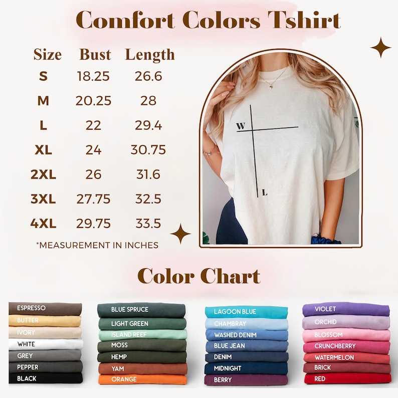 Pu&ograve; includere: Tabella delle taglie delle t-shirt Comfort Colors con misure di busto e lunghezza in pollici. La tabella dei colori mostra vari colori di t-shirt, tra cui Espresso, Butter e White. Una persona indossa una t-shirt color crema con un disegno a croce.