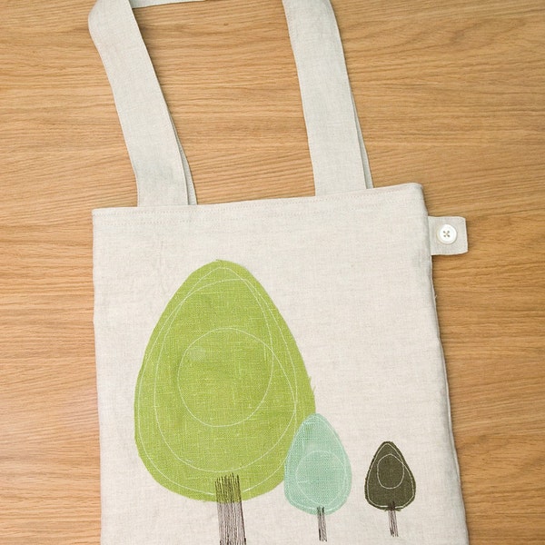 Linen Tote with three shades of zakka trees