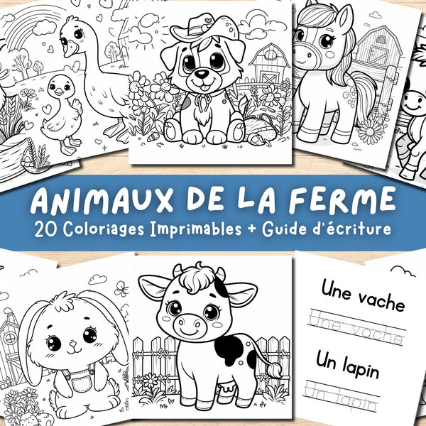 Coloriage Enfant PDF à Télécharger - Animaux Ferme - 20 Pages - Livre de coloriage facile à imprimer + Guide d'Écriture