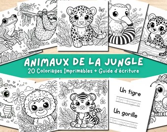 Coloriage Enfant PDF à Télécharger - Animaux Jungle - 20 Pages - Livre de coloriage facile à imprimer + Guide d'Écriture