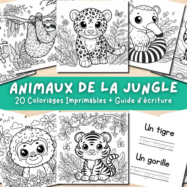 Coloriage Enfant PDF à Télécharger - Animaux Jungle - 20 Pages - Livre de coloriage facile à imprimer + Guide d'Écriture