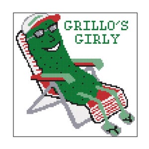 May include: Cross-stitch pattern featuring a green pickle character wearing sunglasses and a hat, relaxing in a red and white striped beach chair. The text "GRILLO'S GIRLY" is displayed above the pickle.