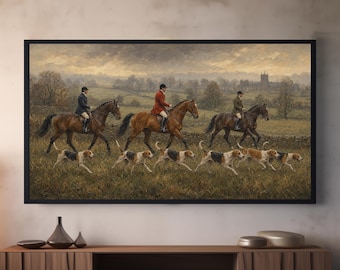 Cadre pour télévision représentant une chasse à courre anglaise, peinture équestre à l'huile vintage, téléchargement numérique 4K