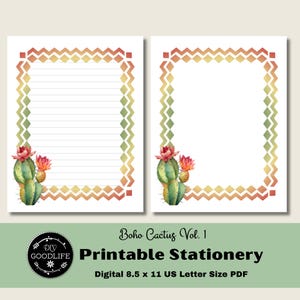 Boho Cactus Papelería Set Vol 1 Papel de escritura de cartas forradas Borde en blanco Página de notas Descarga digital PDF Papelería imprimible