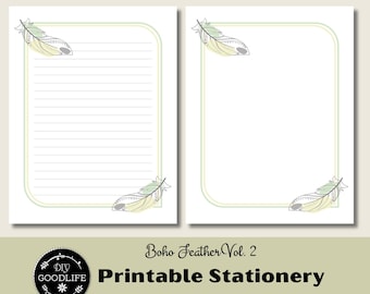 Boho Feather Stationery Set: Lined Journal Paper (PDF Printable)