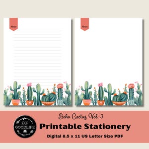 Boho Cactus Papelería Set Vol 3 Papel de escritura de cartas forradas Borde en blanco Página de notas Descarga digital PDF Papelería imprimible