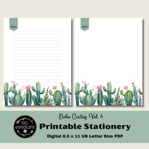 Boho Cactus Papelería Set Vol 4 Papel de escritura de cartas forradas Borde en blanco Página de notas Descarga digital PDF Papelería imprimible