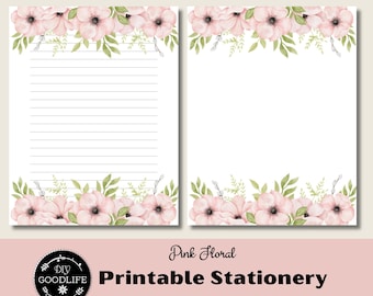 Roze bloemen briefpapier set gelinieerd briefpapier blanco rand dagboekpagina digitale download pdf