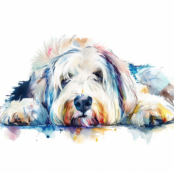 Digital Art Watercolor painting of Old English Sheepdog