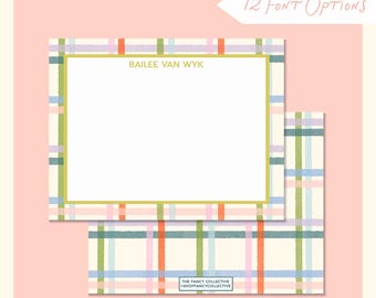 Personalized Plaid Notecard Set, Custom Name Stationery, Preppy Flat Cards with Envelopes, Monogram Note Cards, Gift for Her