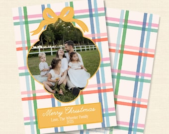 Carte de Noël photo à carreaux aquarelle | Noeud d'or vacances