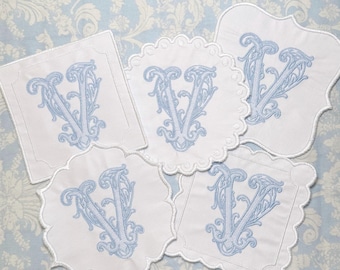 Personalized Monogram Coaster | Embroidered Initial Coaster | Custom Linen Coasters | Vintage Vine Monogram | Hostess Gift | Set