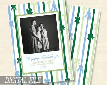 DIGITAL DOWNLOAD FILE Blue & Green Bow Holiday Photo Card | Coastal Christmas customized for you