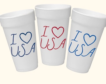 Patriotic Foam Cups | I Heart USA Cups | Fourth of July Party Cups | Americana Entertaining | Memorial Day Decor | Labor Day Party