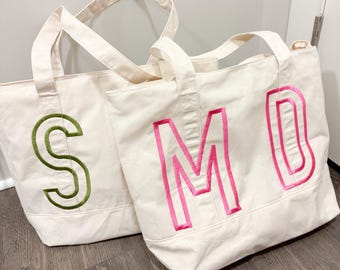 Oversized Personalized Initial Tote Bag | Custom Embroidered Canvas Boat Tote | Monogram Beach Bag | Gift for Her | Market Tote