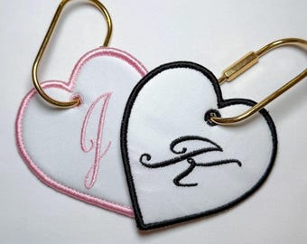 Heart Embroidered Bag Charm Personalized  | Custom Initial Keychain | Gold Carabiner | Heirloom-Style Gift