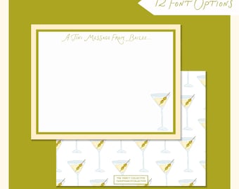 Personalized Martini Notecard Set, Custom Name Stationery, Preppy Flat Cards with Envelopes, Monogram Note Cards, Gift for Her