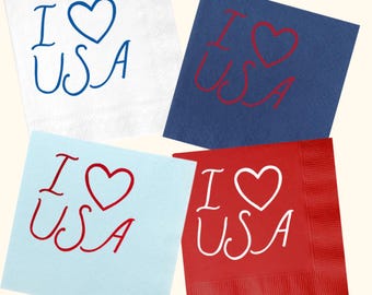 Patriotic Cocktail Napkins | I Heart USA Napkins | Fourth of July Party Decor | Memorial Day Party Supplies | Americana Entertaining