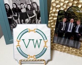 Personalized Embroidered Monogram Plaque | Custom Horsebit Bracelet Crest | Preppy Home Decor Gift