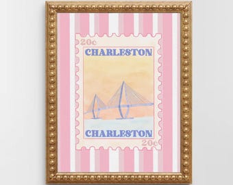 Pink Charleston Watercolor Stamp Poster Print Arthur Ravenel Jr Bridge and Stripes Design
