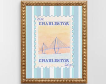 Blue Charleston Watercolor Stamp Poster Print Arthur Ravenel Jr Bridge and Stripes Design