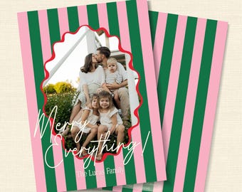 Carte de Noël photo joyeux tout | Rayures roses et vertes