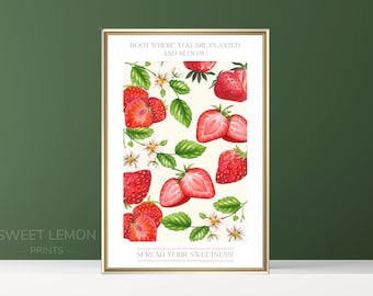 Strawberry Print, Fruit Print, Spread your Sweetness, Strawberry Illustration, Kitchen Art Print, Kitchen Wall Art, Mediterranean Print