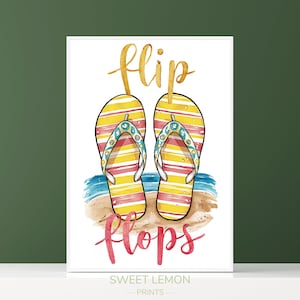 Impressão de chinelo de dedo, pôster de chinelo de verão, pôster de chinelo de dedo em aquarela, impressão de arte engraçada de chinelo de dedo, arte de parede de praia, arte de decoração costeira