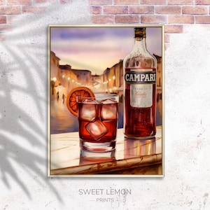 Negroni Cocktail Art, Vintage Cocktail Print, Campari Wall Poster, Italian Bar Print, Watercolor Negroni, Retro Drink Poster