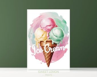 Ice Cream Cone Print, Gelato Print, Summer Ice Cream Poster, Modern Ice Cream Wall Art, Watercolor Ice Cream Poster, Pastel Ice Cream Print