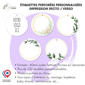 Personalisierte perforierte Etiketten für Hochzeit, Taufe, Geburtstag, personalisierter Text, 150 Designs 300grs Papier, beidseitiger Druck