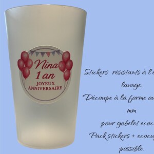 Gobelet ecocup et étiquettes adhésives rondes de 5cm personnalisés mariage, baptême, anniversaire, texte personnalisé, création sur mesure !