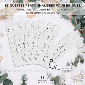 Puede incluir: Etiquetas blancas personalizadas para encendedores con el texto "Julie et François". Las etiquetas son rectangulares, con esquinas redondeadas o rectas, y miden 3,6 cm x 1,7 cm. La imagen también incluye el texto "Fabricado en Francia".