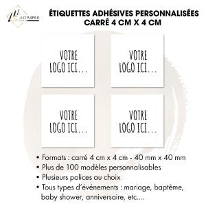 Etiquettes 4cm adhésives CARRÉ personnalisées pour mariage, baptême, anniversaire, texte perso, créa sur mesure ! Option waterproof dispo