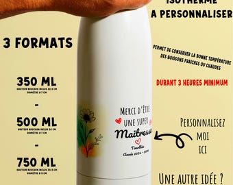 Gepersonaliseerde geïsoleerde fles van roestvrij staal, 3 maten 350 ml, 500 ml of 750 ml – Supermeesteres – Ideaal cadeau voor een leraar, AESH, oppas of iemand anders.