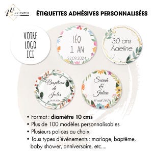 Etiquettes 10cm adhésives rondes personnalisées pour mariage, baptême, anniversaire, texte personnalisé, création sur mesure !