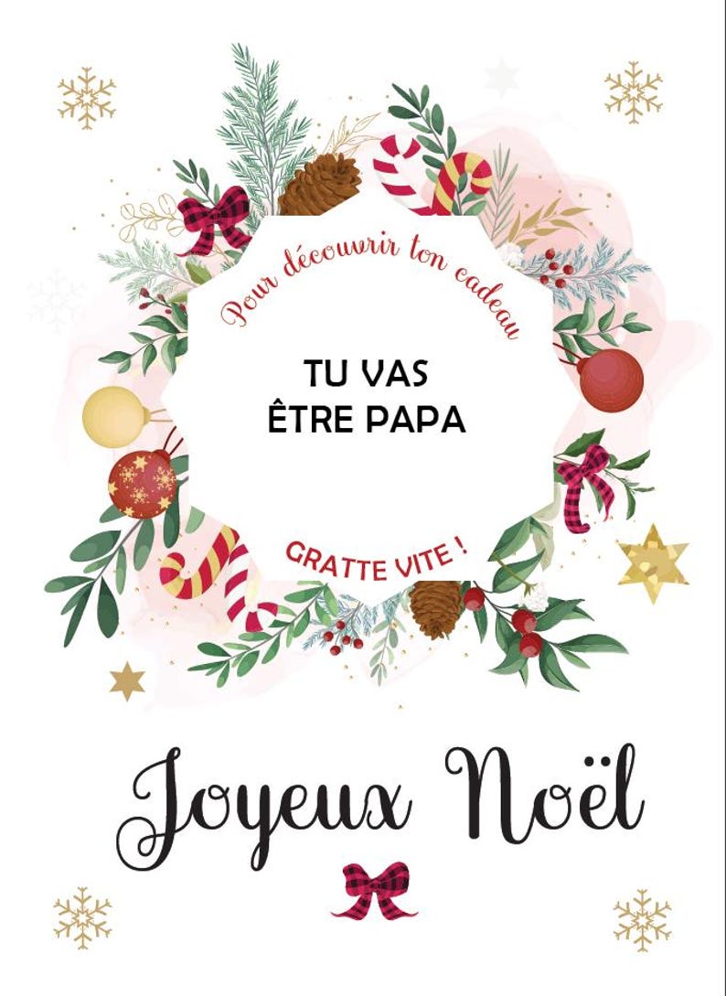 Carte a gratter - 10x15 - Noël - annonce grossesse - message caché - cadeau ! bébé en route - marraine - mamie - papi - message aux choix n°3