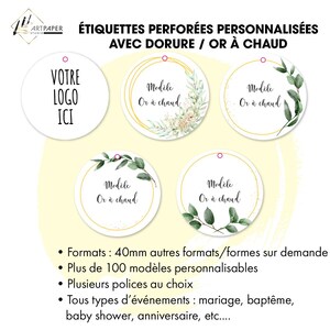 Etiquettes perforées dorées OR personnalisées pour mariage, baptême, anniversaire, texte personnalisé, 150 motifs papier 300grs, pelliculées