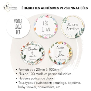 Personalized adhesive labels for weddings, baptisms, birthdays, personalized text, 150 designs to choose from, custom creation!
