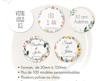 Etiquettes adhésives personnalisées pour mariage, baptême, anniversaire, texte personnalisé, 150 motifs au choix, création sur mesure !
