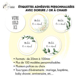 Etiquettes adhésives dorure à chaud pour mariage, baptême, anniversaire, texte personnalisé, 150 motifs au choix, création sur mesure !