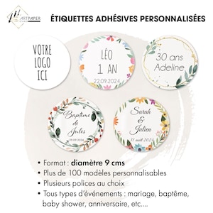 Etiquettes 9cm adhésives rondes personnalisées pour mariage, baptême, anniversaire, texte personnalisé, création sur mesure !