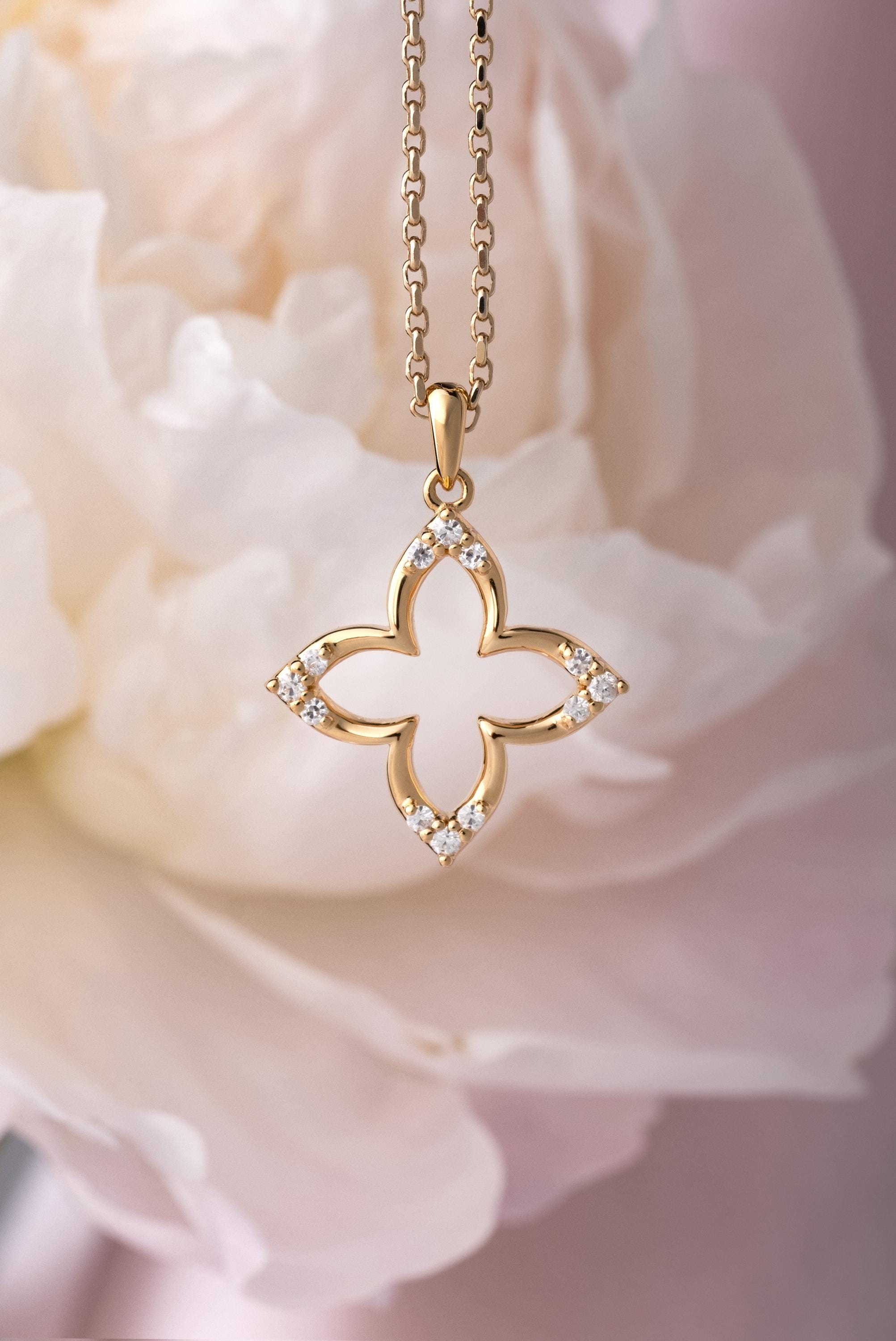 14k Gold Diamond Clover Necklace: Alhambra Style Pendant