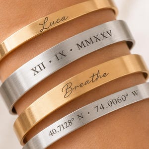 Personalizable Satin Finish Gold Name Bangles, Elegant Custom Cuff, Gift-Ready, Stackable, High Quality Gold Plating, Hand-Crafted in USA